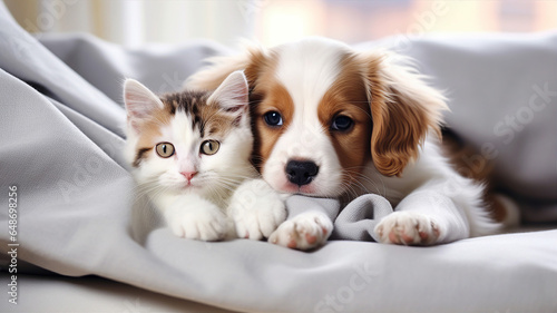 Dog and cat together  happy pets on bed