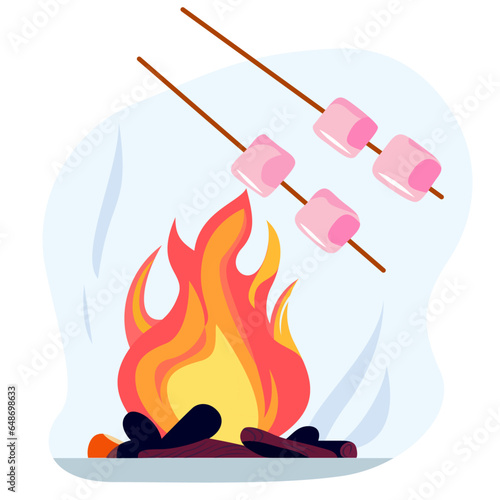 Roasting marshmallows in fire flat style vector illustration, skewer marshmallows, marshmallows in chopsticks BBQ flat style stock vector image