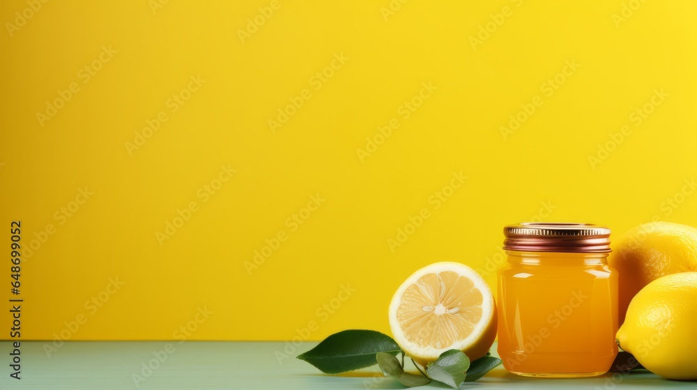 Lemon jam marmalade on yellow background. Jam marmalade with lemon in glass jar. Horizontal banner. Food photo AI generated - obrazy, fototapety, plakaty 