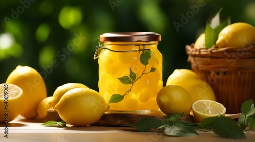 Lemon jam marmalade. Jam marmalade with lemon in glass jar with lemons. Horizontal banner. Food photo AI generated