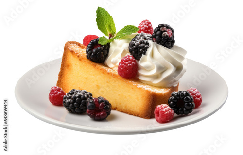 A Plate of Pound Cake with Berries and Whip Cream Isolated on a Transparent Background