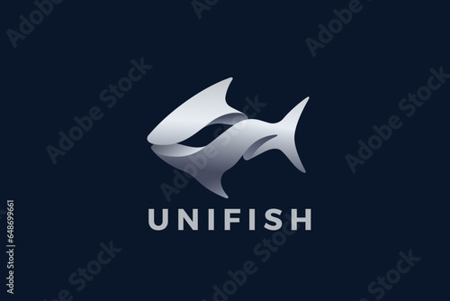 Fish Logo Seafood Abstract Metallic Design Vector 3D template. Shark Tuna Metal Silver Steel Logotype concept icon.