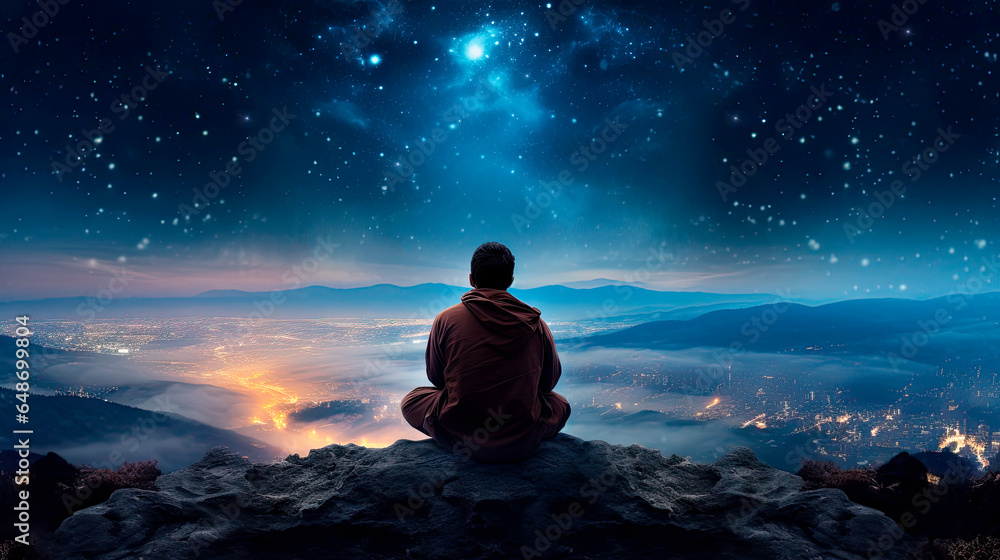 silhouette of a person on a mountain meditating at night with city lights in the background
