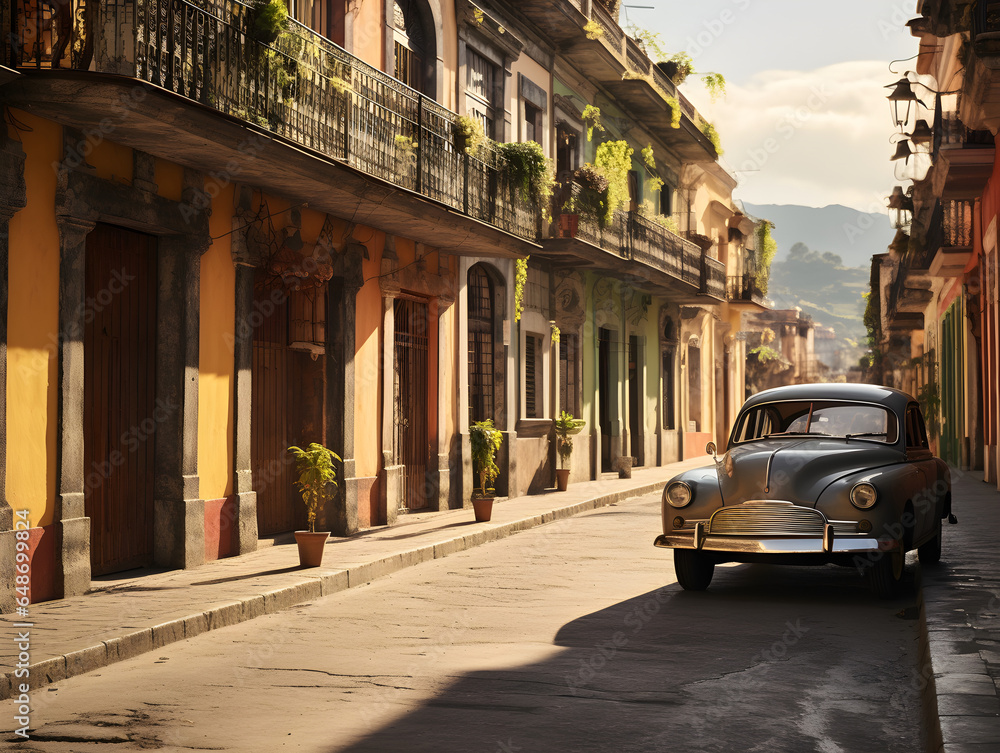 Historical Charm: Cobblestone Streets, Ancient Architecture, and Vintage Cars in Reflective Hues