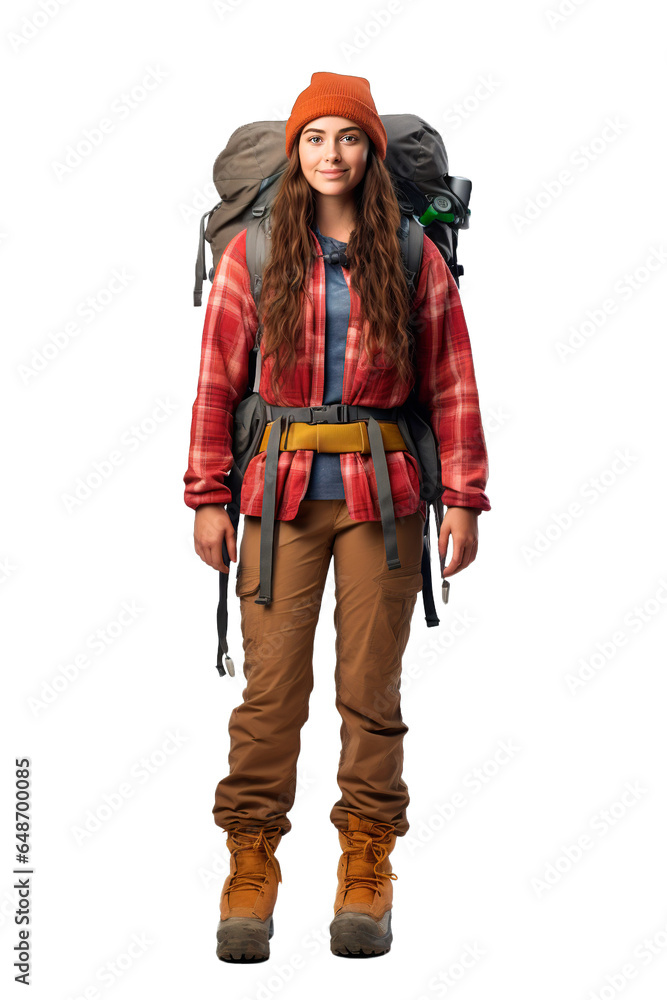 Young woman backpacker full body posing on white transparent background Young woman backpacker full body posing on white transparent background