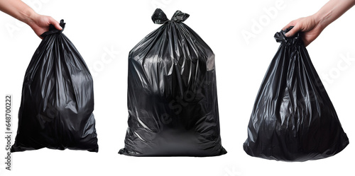 Hands holding black garbage bags over isolated white transparent background