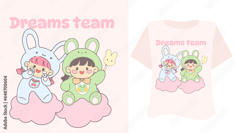Kawaii sweet animal cute girl  on pink background for t shirt . Inspirational quote card, invitation, banner, lettering, poster. Cartoon character dreams team  tee preschool 