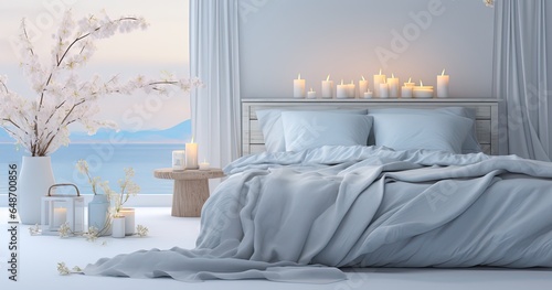 white bedroom interior with candle lights in winter season, generative Ai