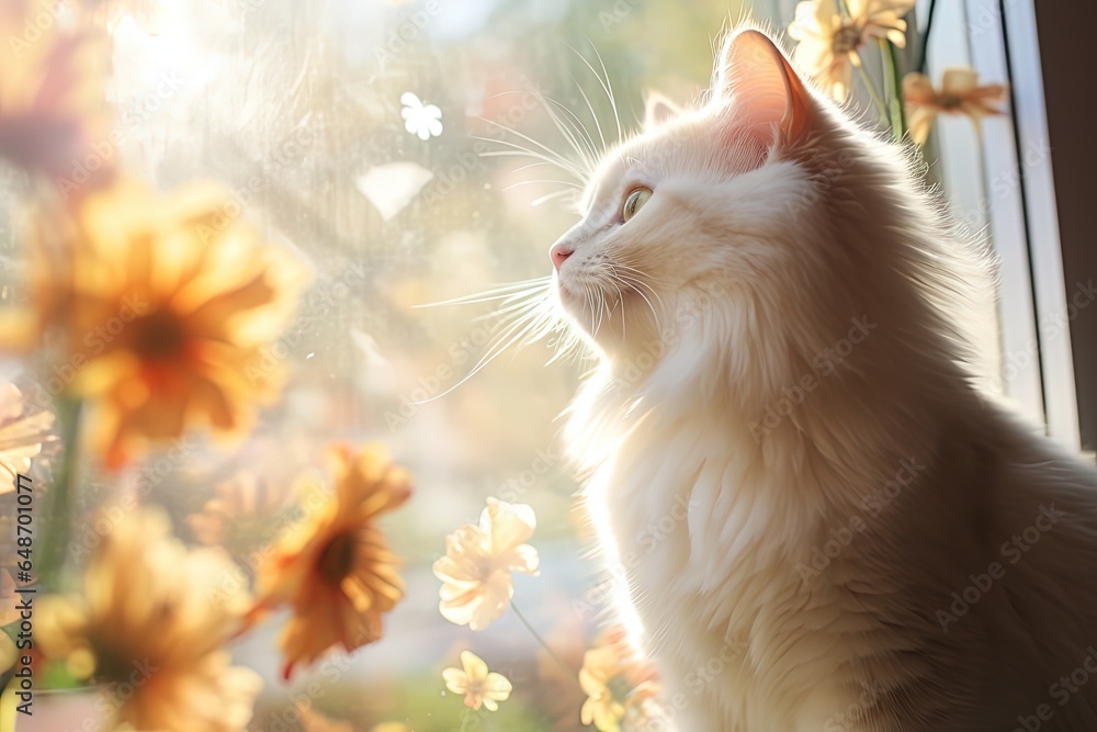 cute cat sitting by window looking outside view with flower bouquet, Generative Ai