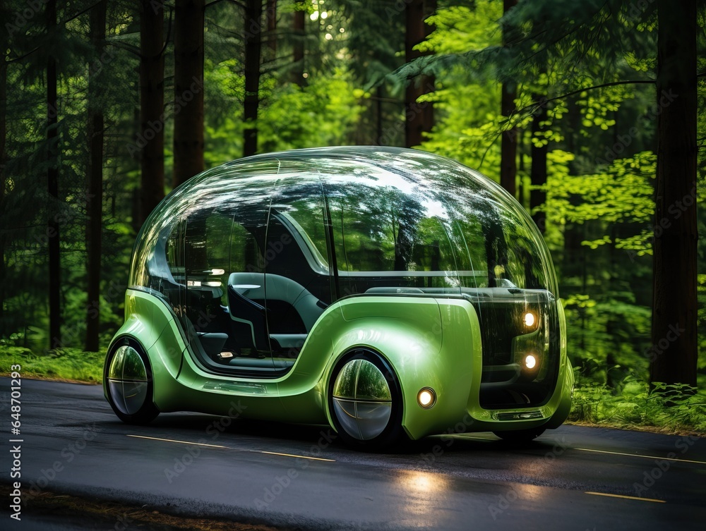 modern futuristic green car driving among a forest