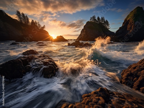 Beautiful seascape with sea stacks, crashing waves and sunset © Kelly