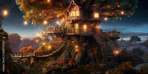 fairytale scenery art illustration, fantasy mood, elven village big tree trunk town, Generative 