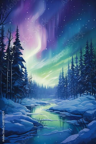 river middle snowy forest northern lights background bright color sales purplish space alaska furry