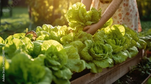 Woman is cultivating green lettuce