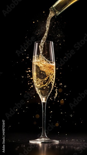 Elegant Champagne Pouring into Flute with Golden Bubbles and Sparkles - Festive Concept
