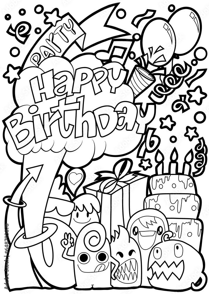 Obraz premium happy birthday funny monsters. Cool hand drawn characters. Cartoon hand drawn doodles, children's illustration coloring background. black and white stripes.