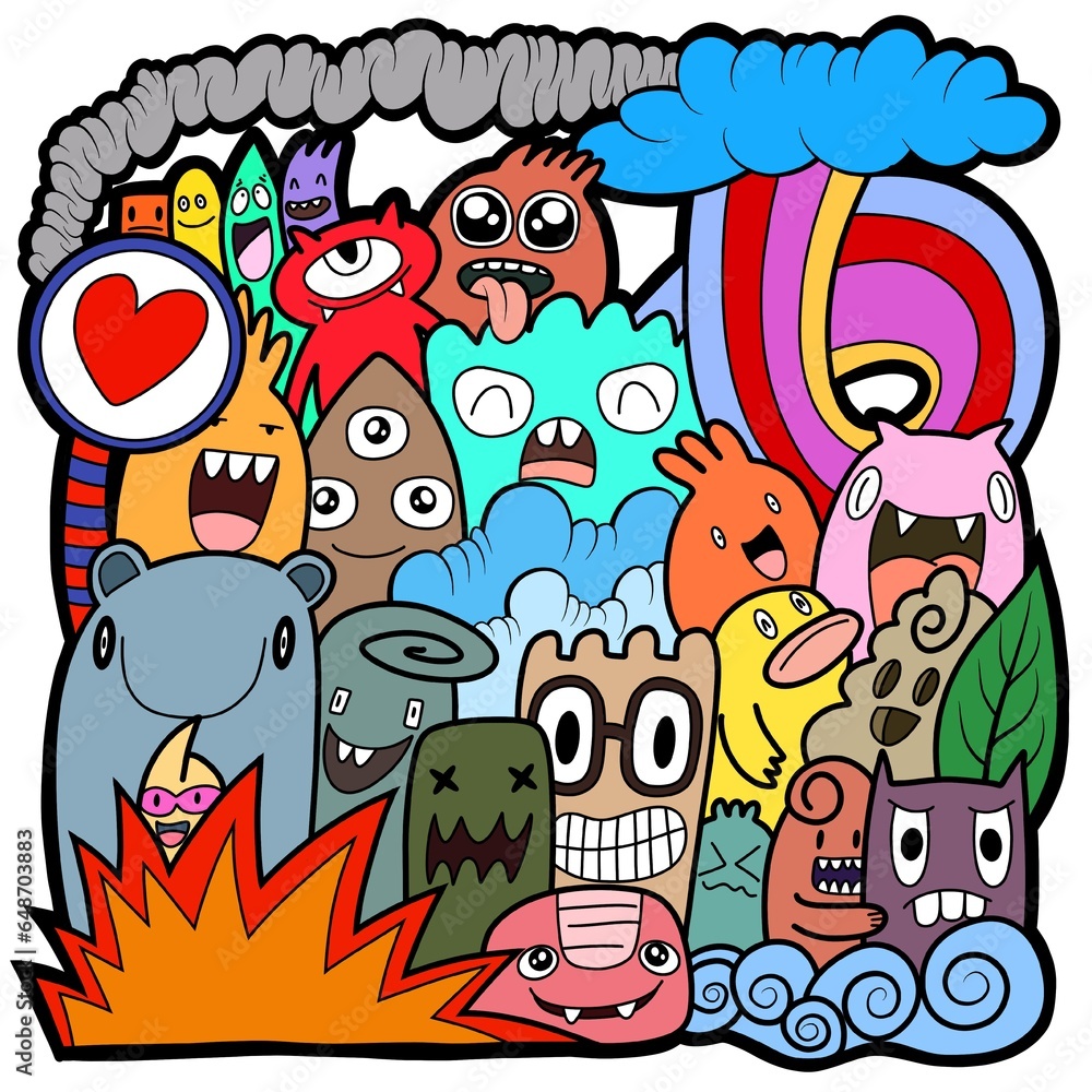 Fototapeta premium Hand-drawn illustrations, monsters doodle, Hand Drawn cartoon monster illustration,Cartoon crowd doodle hand-drawn Doodle style.