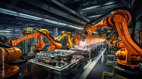 a modern manufacturing facility, showcasing rows of automated machines and robots in operation © Muhammad