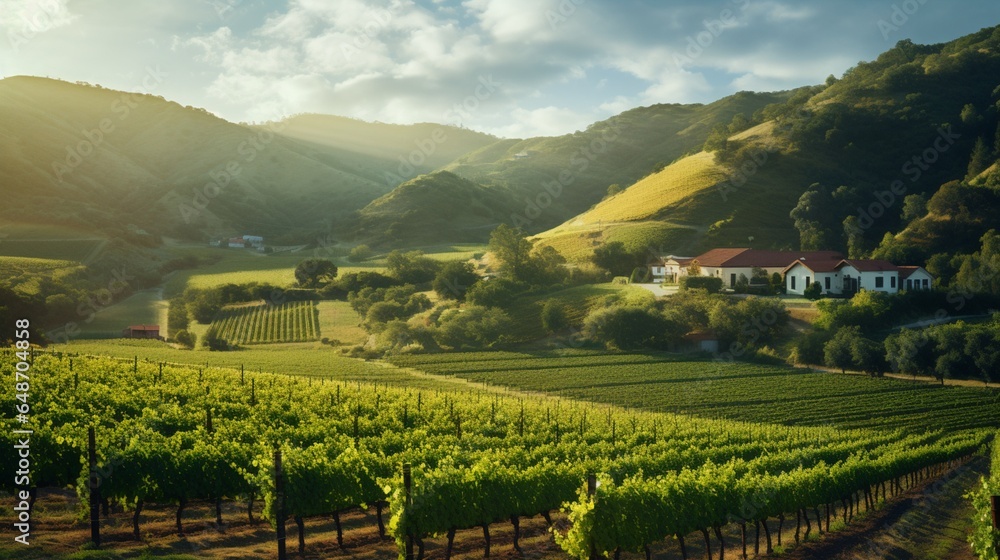 a picturesque vineyard, with rows of grapevines laden with plump, ripe grapes against a backdrop of rolling hills
