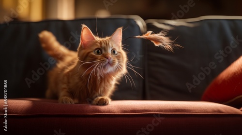 a playful orange tabby cat chasing a feather toy across a couch, mid-pounce © Muhammad