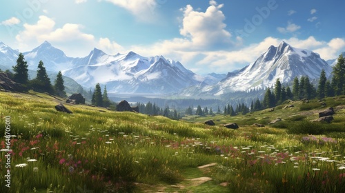 a serene alpine meadow  with snow-capped peaks in the distance and a carpet of wildflowers in the foreground