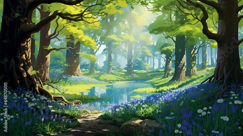 a serene bluebell wood  where a sea of vibrant blue flowers stretches beneath a canopy of ancient trees