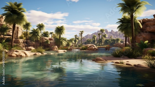 a serene desert oasis, with palm trees and vibrant vegetation surrounding a pristine pool of water in the arid landscape © Muhammad