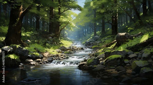 a serene forest glen, with a tranquil stream babbling softly over smooth stones