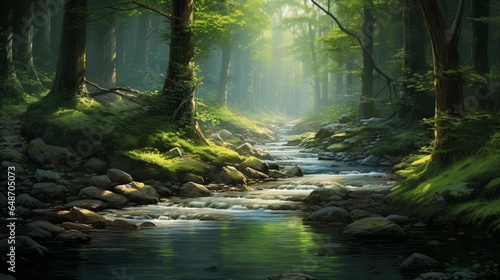 a serene forest glen, with a tranquil stream babbling softly over smooth stones