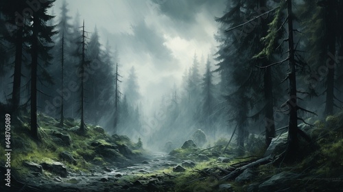 a serene, mist-covered forest, where the trees disappear into the ethereal mist, creating a dreamlike scene © Muhammad