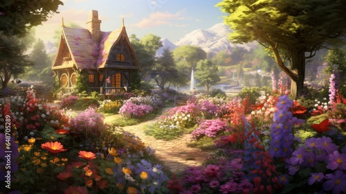 a sunlit, flower-filled cottage garden, with colorful blossoms in full bloom and bees buzzing around