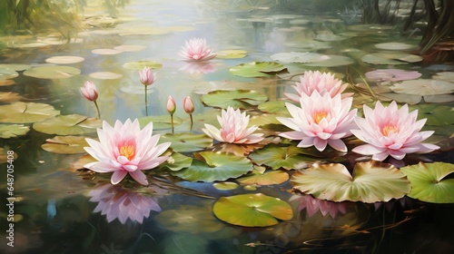 a tranquil lotus pond in full bloom, with pink and white blossoms floating serenely on the still water's surface