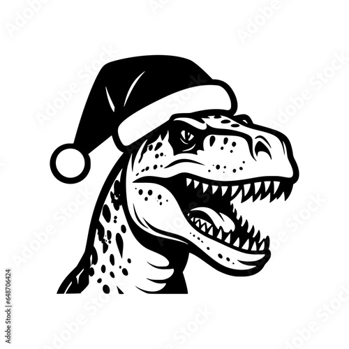 T-rex Christmas Dinosaur wearing a Santa hat. Simple black silhouette graphic. Vector illustration on white isolated background. Christmas design for t-shirt, invitation, emblem, stickers