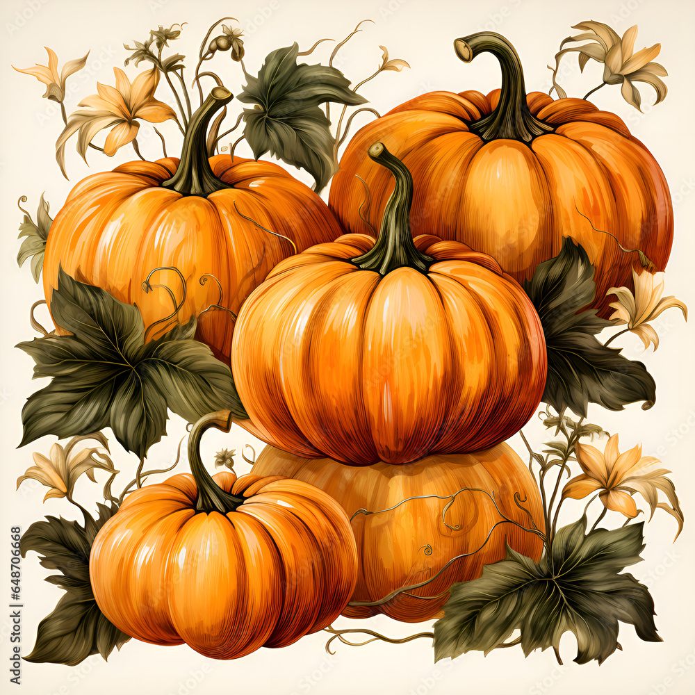 Orange pumpkins with green leaves on a white background Orange pumpkins with green leaves on a white background