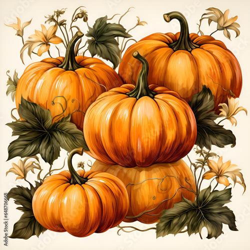Orange pumpkins with green leaves on a white background
