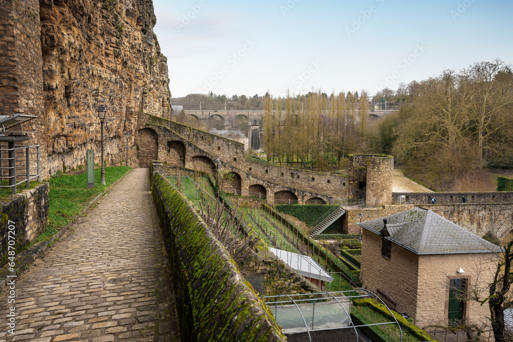 Arcades and Walkway at Stierchen Bridge with Flanking Tower - Luxembourg City, Luxembourg