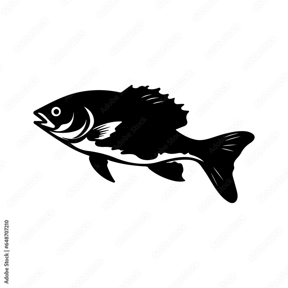 bass fish silhouette black white vector illustration - obrazy, fototapety, plakaty 