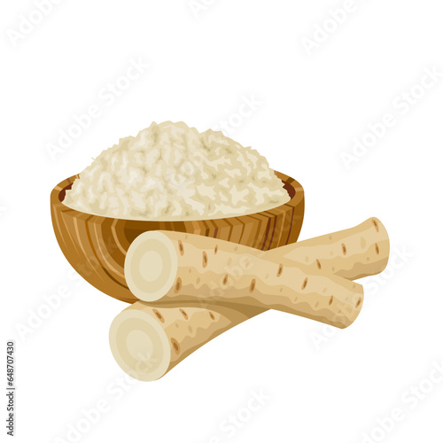 Vector illustration, grated horseradish in a wooden bowl, with pieces of fresh horseradish root, isolated on white background. photo