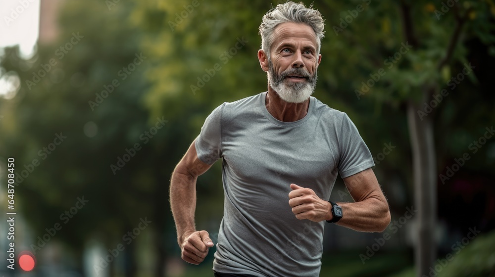 Middle-aged man jogging in the park Middle-aged man jogging in the park