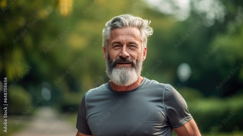 Middle-aged man jogging in the park Middle-aged man jogging in the park