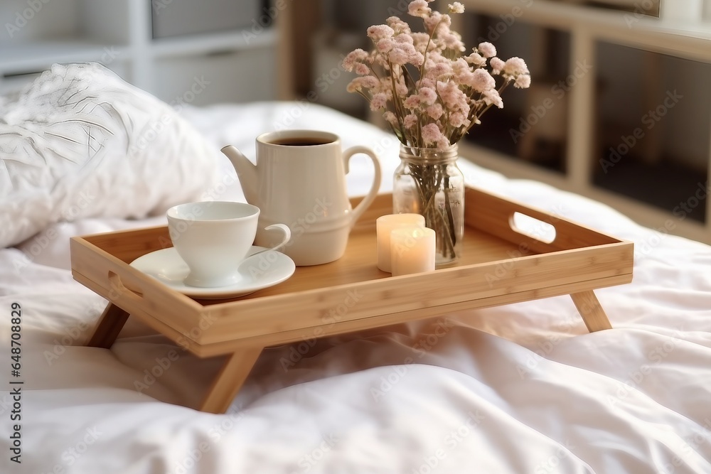 Wooden tray with coffee and interior decor on the bed with white linen. generative ai. Wooden tray with coffee and interior decor on the bed with white linen. generative ai.