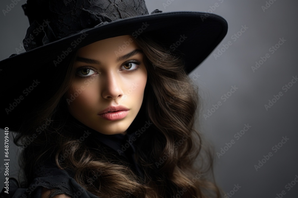 Elegant Woman in Black Hat with Flowing Hair Elegant Woman in Black Hat with Flowing Hair