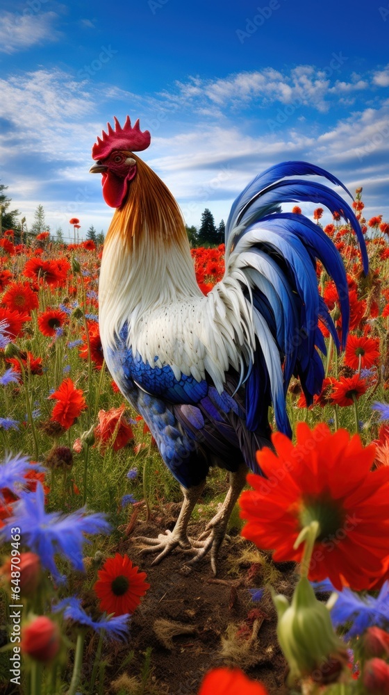 Rooster in a field of flowers