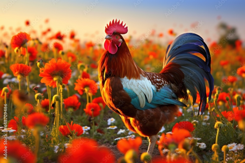 Rooster in a field of flowers