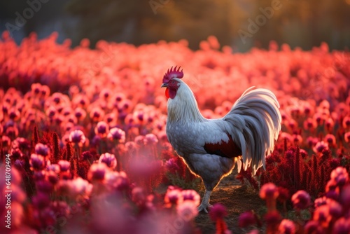 Rooster in a field of flowers photo