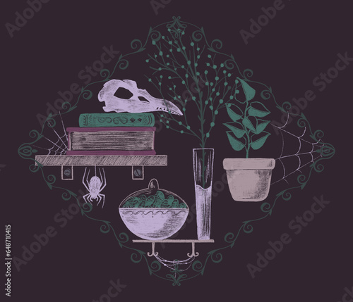 Hand drawn textured illustration with gothic aesthetic with bird skull, books and plants. Vintage boho art with mysterious atmosphere in pink and green colors. (ID: 648710415)