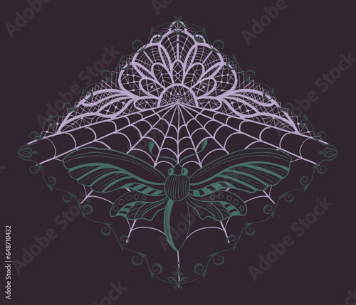 Hand drawn textured illustration with gothic aesthetic with lace, moths and plants. Vintage boho art with mysterious atmosphere in pink and green colors. (ID: 648710432)