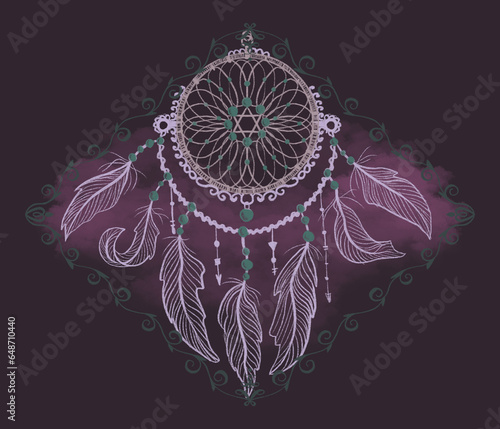 A hand drawn textured illustration with a gothic aesthetic with a dream catcher. Vintage boho art with mystical atmosphere in pink and green colors. (ID: 648710440)