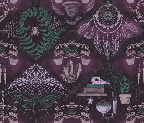 Hand drawn texture pattern with gothic aesthetic with four magical elements, dream catcher, bird skull, spiders, books, web, ferns. Vintage boho art with mystical atmosphere in pink and green colors. (ID: 648710457)