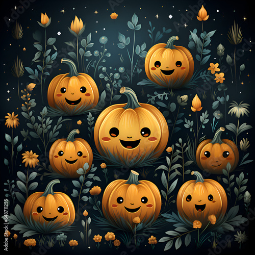 Cute funny pumpkins on a black background with leaves and flowers